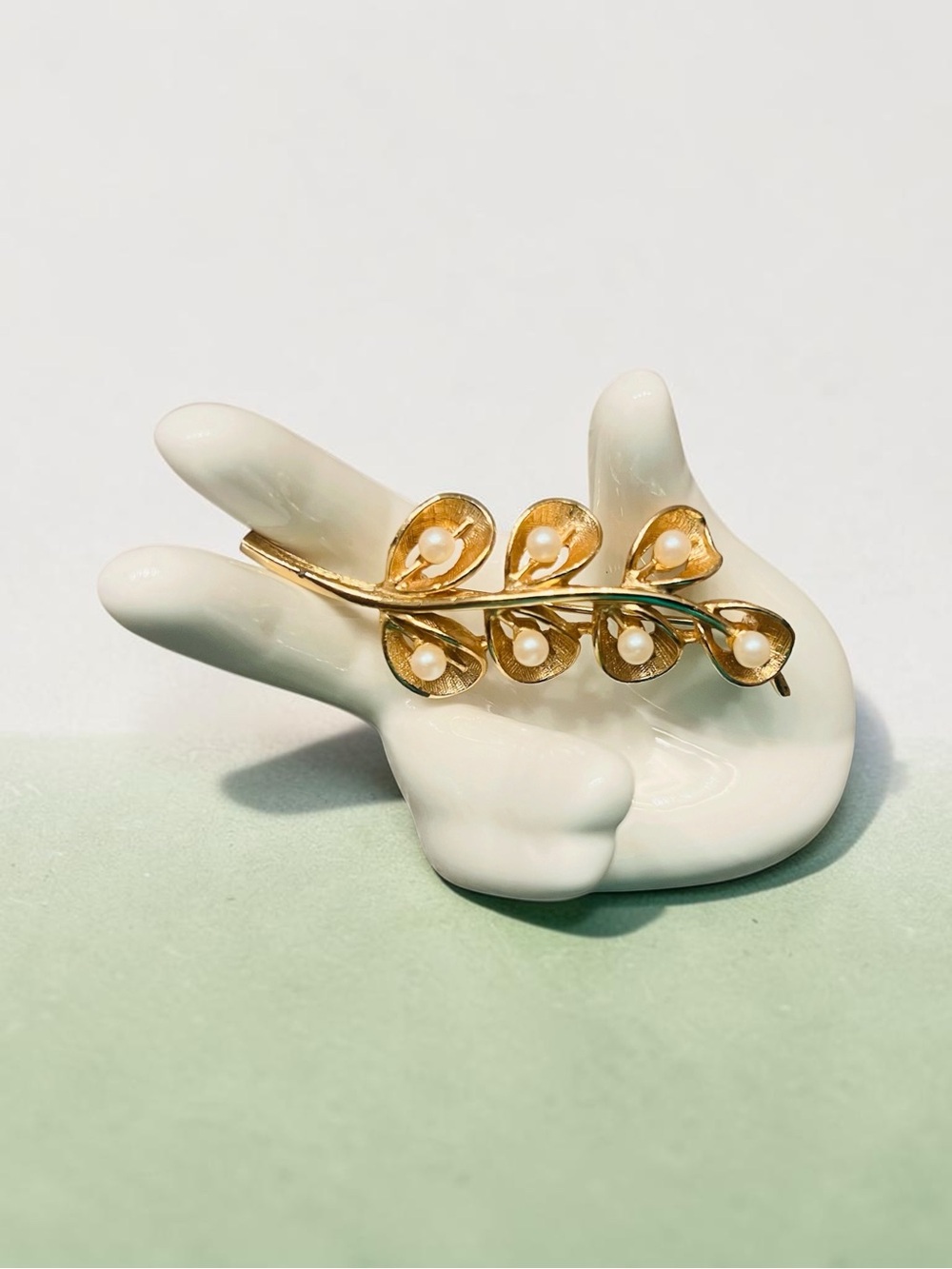 Gold Tone Leaf and Pearl Branch Brooch - 1960s-1970s